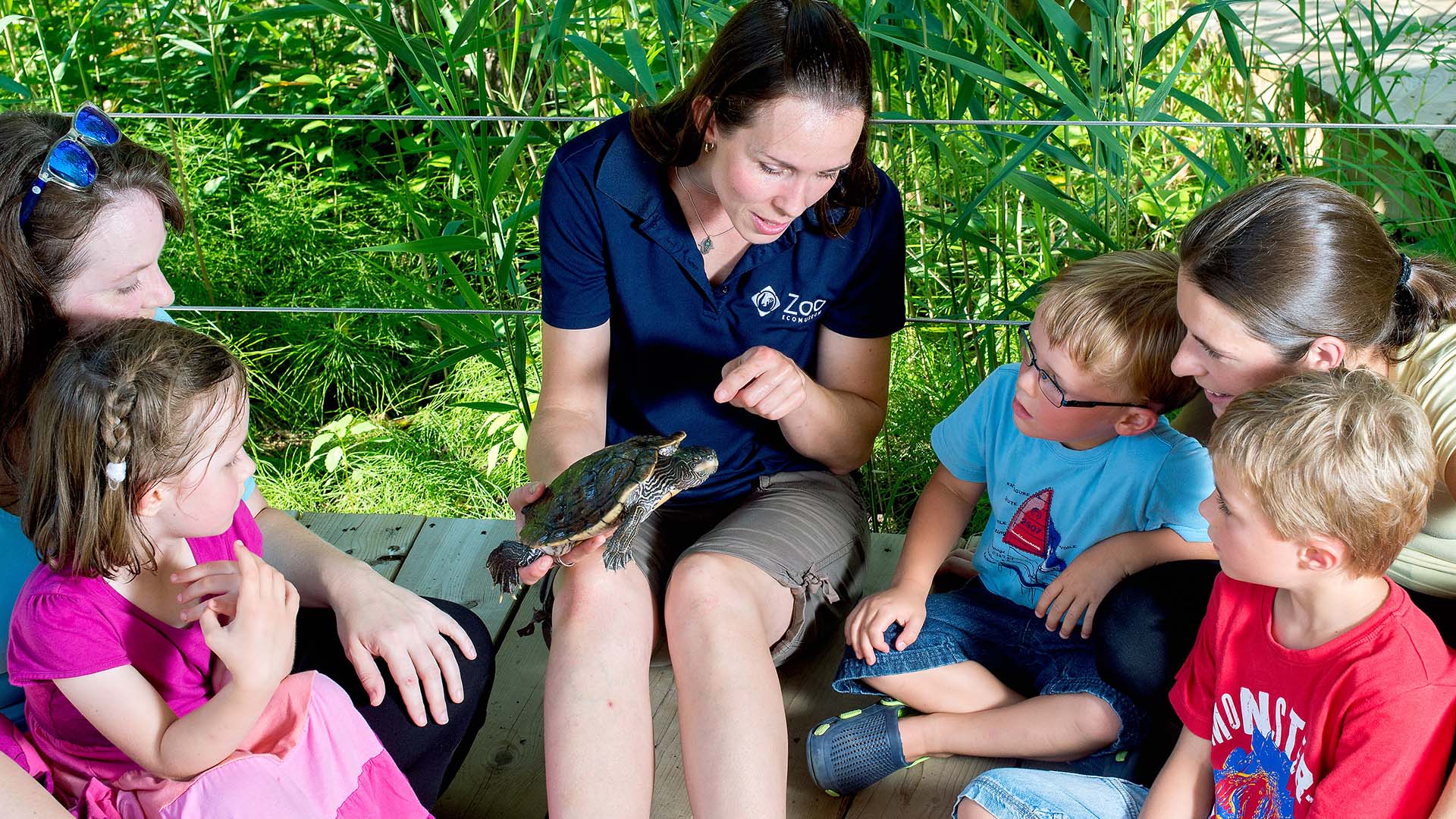 kids and parents sitting around a zookeeper holding a turtle during the Zookeeper-for-a-day activity at the Zoo Ecomuseum